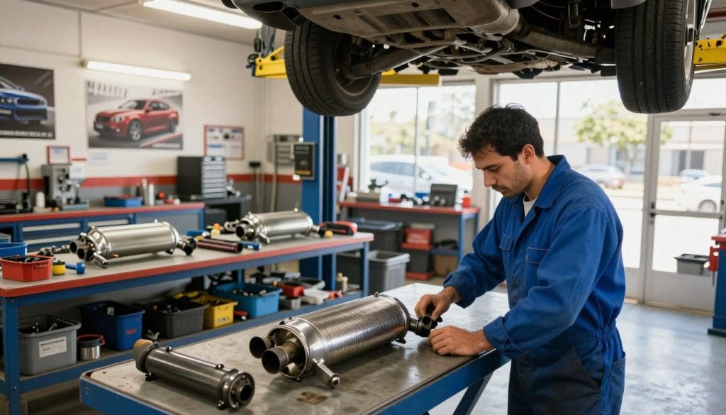 A busy muffler repair shop in San Antonio, Texas, with a clean, professional atmosphere. In the foreground, a skilled technician in a blue mechanic’s jumpsuit inspects a vehicle's exhaust system on a lift, focused and determined. The middle layer features various mufflers and automotive tools neatly organized on a workbench, hinting at expertise. In the background, bright workshop lights illuminate the space, creating a welcoming and industrious mood. The shop's walls are adorned with automotive posters, and a large window reveals a sunny day outside, adding warmth to the scene. The angle is slightly from above, showcasing both the technician and the organized workspace, emphasizing professionalism and attention to detail in auto repair.