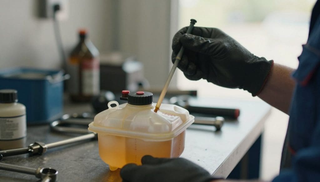 A close-up image of a mechanic performing a brake fluid check. In the foreground, focus on a clean, open brake fluid reservoir with clear, slightly amber liquid inside, showing the appropriate level. The mechanic's hands, wearing black gloves, are poised holding a dipstick, examining the fluid closely, demonstrating professionalism. In the middle ground, tools and automotive parts are slightly blurred on a workbench, suggesting an active garage environment. The background features a soft-focus automotive shop, with warm, natural lighting illuminating the scene, reflecting a sense of urgency and importance. The mood should convey a serious yet professional atmosphere, emphasizing the critical nature of brake maintenance.