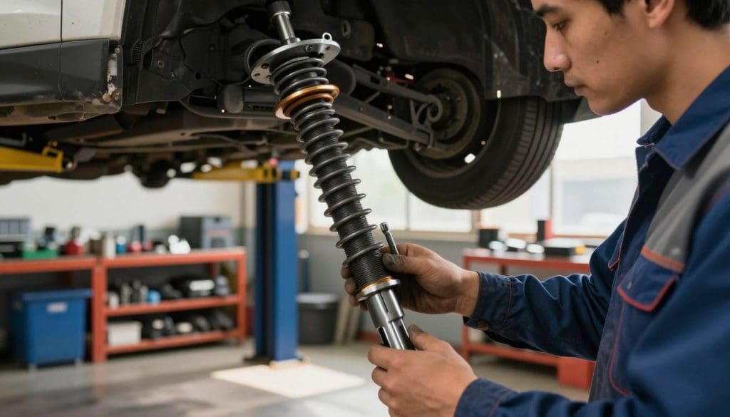 A close-up scene of a mechanic working on a strut repair in a well-lit garage. In the foreground, focus on the mechanic, dressed in a professional mechanic's outfit, inspecting a worn strut while holding specialized tools. The middle ground displays a car lifted on a hydraulic jack, revealing its undercarriage. In the background, shelves filled with car parts and tools are neatly organized, imparting a sense of professionalism and order. Soft, natural lighting filters in from a window, casting a warm glow over the workspace. The overall atmosphere is focused and industrious, emphasizing the importance of precision and care in suspension repairs, highlighting the technical aspects of strut service.