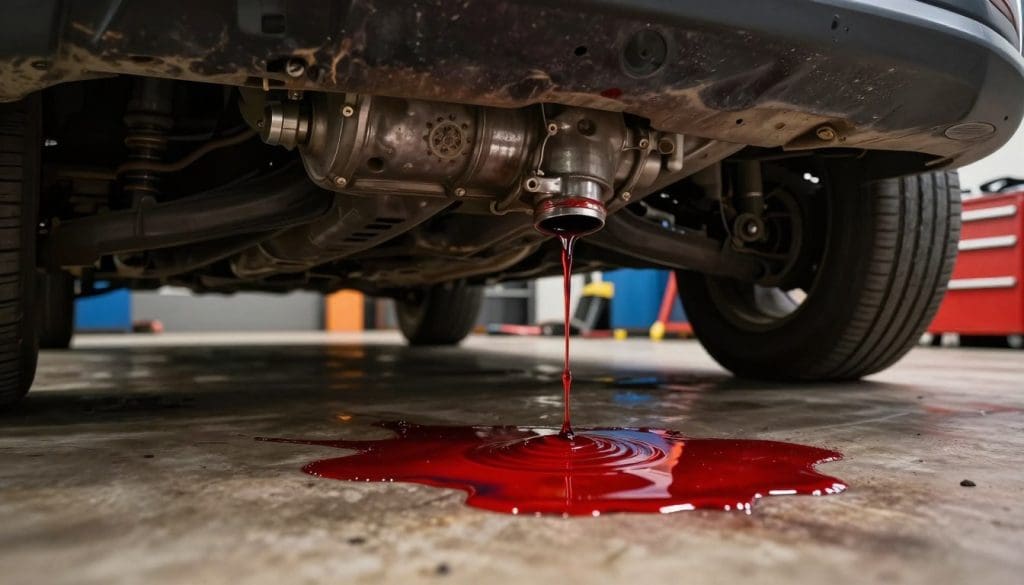 A close-up view of a car’s undercarriage, showcasing a noticeable transmission fluid leak. The foreground features a pool of bright red transmission fluid collecting on the garage floor, glistening under soft overhead lighting. The midground captures the intricate details of the car’s metal underbelly, with visible components such as the transmission casing and surrounding parts. In the background, tools and a mechanic’s toolbox can be seen, hinting at an ongoing repair process. The lighting is warm and focused, creating an informative yet slightly alarming atmosphere. The angle is a low shot, emphasizing the leak’s significance as a clear sign of transmission issues, reinforcing the theme of automotive maintenance and awareness.