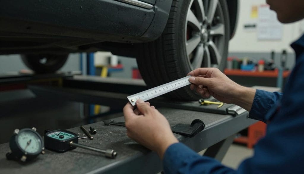A close-up view of a garage environment highlighting the potential risks of DIY wheel alignment. In the foreground, a pair of hands in professional attire carefully adjusting a vehicle's wheel alignment with basic tools like a ruler and a camber gauge, showcasing the intensity of focus and procedure. The middle layer features a car partially elevated on a lift, with visible precision measuring instruments left carelessly nearby, suggesting oversight. The background displays a dimly lit garage with shelves cluttered with tools and manuals, evoking a sense of chaos and danger. Use soft, diffused lighting to enhance shadows and create a mood of caution and seriousness, with a slight depth of field to emphasize the hands and tools while slightly blurring the background.