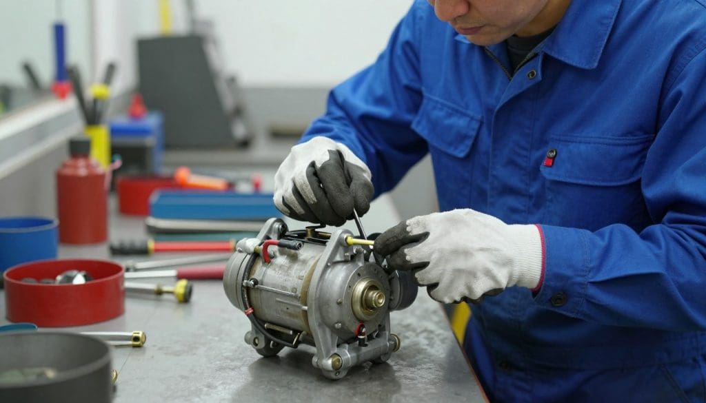 A close-up view of a mechanic performing maintenance on a starter motor in a well-lit automotive workshop. The mechanic, dressed in a blue professional jumpsuit and safety gloves, is carefully inspecting the starter motor, with tools neatly arranged on a workbench nearby. In the foreground, focus on the starter motor with visible wear, wires, and connectors, while in the middle ground, show the mechanic's concentration and expertise as they work. The background features various automotive tools and equipment, enhancing the workshop atmosphere. The lighting is bright and illuminating, creating a clear, dynamic environment. The overall mood conveys professionalism and diligence, emphasizing the importance of regular maintenance for vehicle performance.