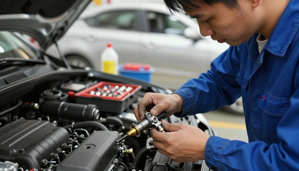A close-up view of a professional mechanic performing fuel injector repair on a modern automotive engine. In the foreground, the mechanic, dressed in a simple blue jumpsuit, is focused intently on the fuel injector, using precision tools. The fuel injector is partially disassembled, showcasing its intricate components. In the middle ground, a well-organized toolset and cleaning equipment are visible, emphasizing the specialized nature of injector cleaning methods. The background features the gleaming interior of an auto repair shop, illuminated by soft, warm lighting that creates a professional and focused atmosphere. The image captures a sense of meticulous craftsmanship and technical expertise, inviting viewers to appreciate the importance of fuel injector maintenance for optimal engine performance. A close-up view of a professional mechanic performing fuel injector repair on a modern automotive engine. In the foreground, the mechanic, dressed in a simple blue jumpsuit, is focused intently on the fuel injector, using precision tools. The fuel injector is partially disassembled, showcasing its intricate components. In the middle ground, a well-organized toolset and cleaning equipment are visible, emphasizing the specialized nature of injector cleaning methods. The background features the gleaming interior of an auto repair shop, illuminated by soft, warm lighting that creates a professional and focused atmosphere. The image captures a sense of meticulous craftsmanship and technical expertise, inviting viewers to appreciate the importance of fuel injector maintenance for optimal engine performance.