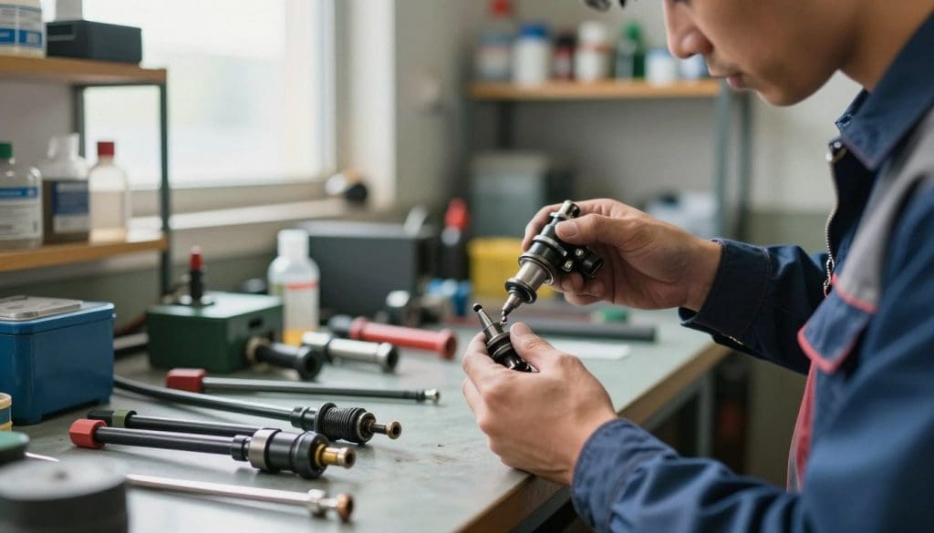 A close-up view of a skilled mechanic performing a fuel injector repair process inside a well-lit workshop. In the foreground, the mechanic, dressed in professional work attire, carefully examines a fuel injector with precision tools. The middle ground features a cluttered workbench filled with various tools, fuel injector cleaning equipment, and spare injector parts, creating an authentic workshop atmosphere. The background shows shelves stocked with automotive supplies and a large, bright window allowing natural light to stream in, highlighting the attention to detail. The overall mood is focused and industrious, capturing the essence of technical expertise and the importance of engine maintenance, with a shallow depth of field that keeps the mechanic and the injector in sharp focus. A close-up view of a skilled mechanic performing a fuel injector repair process inside a well-lit workshop. In the foreground, the mechanic, dressed in professional work attire, carefully examines a fuel injector with precision tools. The middle ground features a cluttered workbench filled with various tools, fuel injector cleaning equipment, and spare injector parts, creating an authentic workshop atmosphere. The background shows shelves stocked with automotive supplies and a large, bright window allowing natural light to stream in, highlighting the attention to detail. The overall mood is focused and industrious, capturing the essence of technical expertise and the importance of engine maintenance, with a shallow depth of field that keeps the mechanic and the injector in sharp focus.