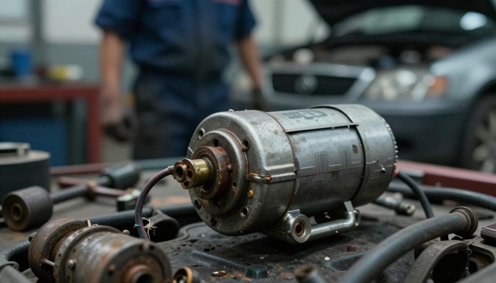 A close-up view of a starter motor showing electrical problems, with corroded terminals and frayed wiring. In the foreground, rusty components indicate deterioration, while the background reveals a blurred mechanic's workspace filled with tools and a car partially disassembled. Subtle, dramatic lighting highlights the details of the damaged motor, casting soft shadows that enhance the mood of neglect and urgency. The image captures an atmosphere of concern, emphasizing the importance of identifying and understanding starter motor failures. Use a shallow depth of field to focus sharply on the starter motor while softly blurring the workspace, creating a professional and informative ambiance.