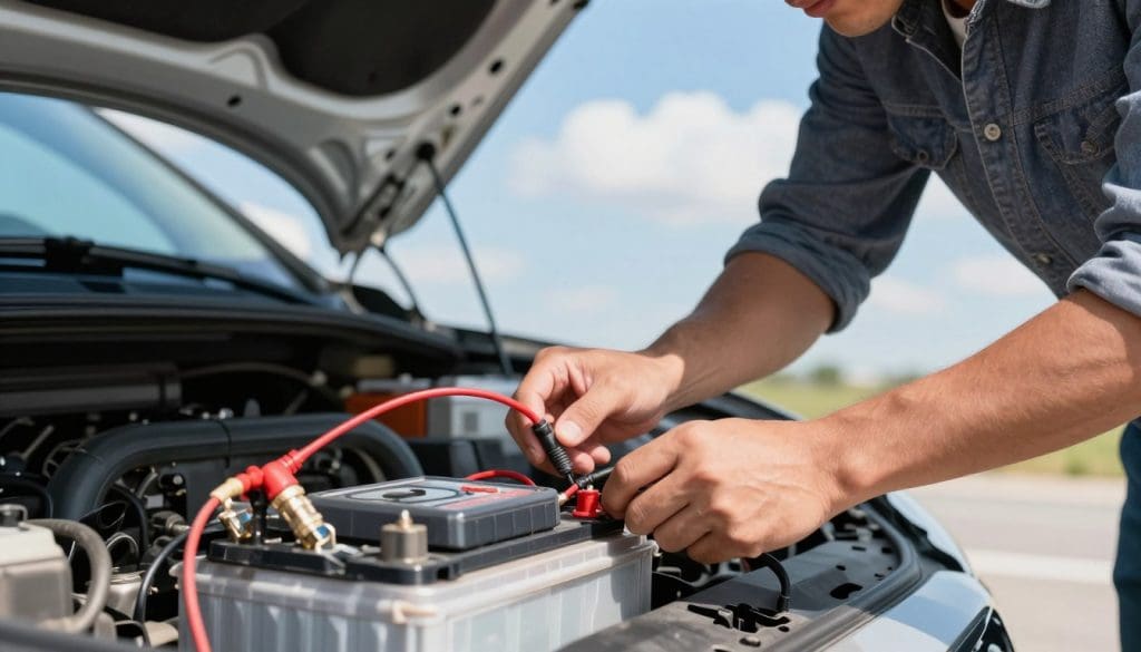 A close-up view of a technician testing a car battery on a bright, sunny day. The foreground features the technician dressed in smart casual attire, focused on connecting a multimeter to battery terminals, showcasing detailed electronics and tools. In the middle ground, there's a car hood open with vibrant battery cables clearly visible, emphasizing the battery's connectors. The background displays a clear blue sky with a few fluffy clouds, subtly indicating warm weather conditions. The sunlight casts soft shadows, adding depth and realism to the scene. The overall mood is professional and informative, capturing the importance of car maintenance in varying weather.
