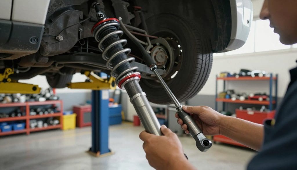A close-up view of a vehicle's suspension system, focusing on worn shocks and struts, placed in a well-lit automotive repair shop in San Antonio. In the foreground, display a mechanic's hands inspecting the shocks, using tools to emphasize their professionalism. The middle ground features a vehicle lifted on a hydraulic hoist with its wheel off, revealing the suspension components clearly. In the background, shelves stocked with car parts and tools reflect a bustling garage atmosphere. The lighting is bright and natural, streaming in from windows, creating a sense of urgency and focus. The mood is serious yet professional, highlighting the importance of safety in vehicle maintenance.