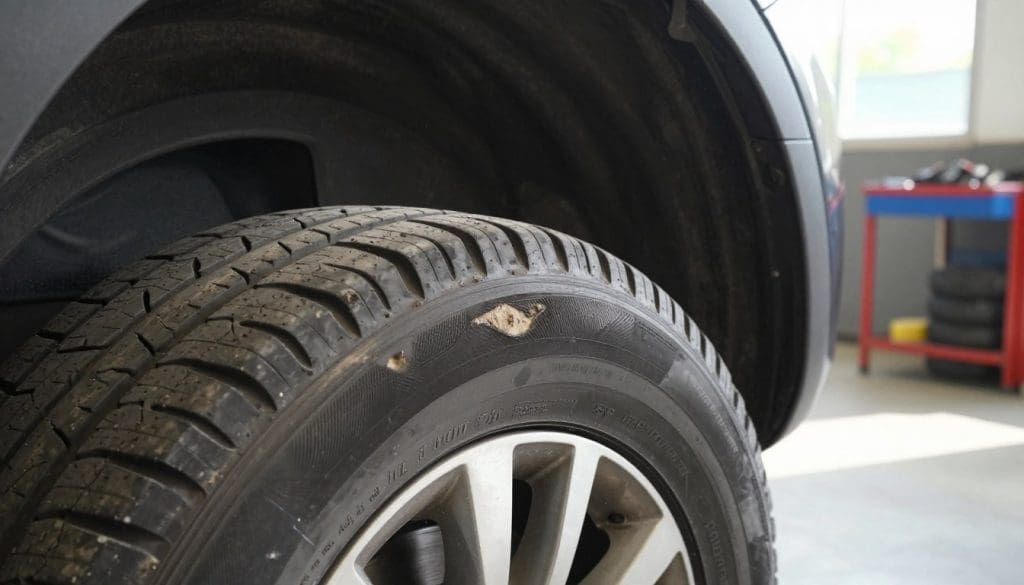 A close-up view of a worn-out tire showcasing uneven wear patterns due to poor wheel alignment. In the foreground, focus on the tire’s tread, highlighting bald spots and jagged edges. The middle ground features a partially visible vehicle with its wheel turned at an angle, emphasizing misalignment. In the background, a workshop setting with tools and tire mounts creates context. Natural daylight filters through a window, casting soft shadows and illuminating the tire's surface details. The overall atmosphere should convey a sense of caution and concern, illustrating the importance of regular maintenance for safety. The composition should be clear and informative, with no text overlays or distractions.