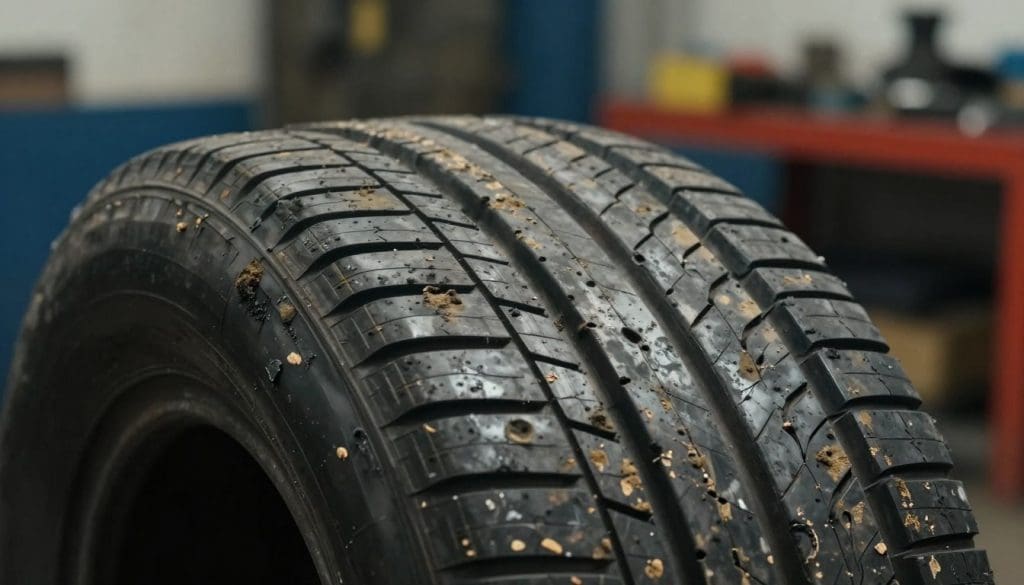 A close-up view of an unevenly worn tire, showcasing distinct wear patterns on the tread, including excessive wear on one side and barely used tread on the other. The tire is set against a blurred background of a workshop with tools and equipment. The lighting is soft yet focused, highlighting the texture and details of the rubber surface. Shot at a shallow depth of field, the camera angle is low, emphasizing the tire's profile and tread wear. The atmosphere conveys a sense of concern and importance, capturing the viewer's attention to the significance of tire maintenance. The image is devoid of any text or distractions, focusing solely on the tire's condition.