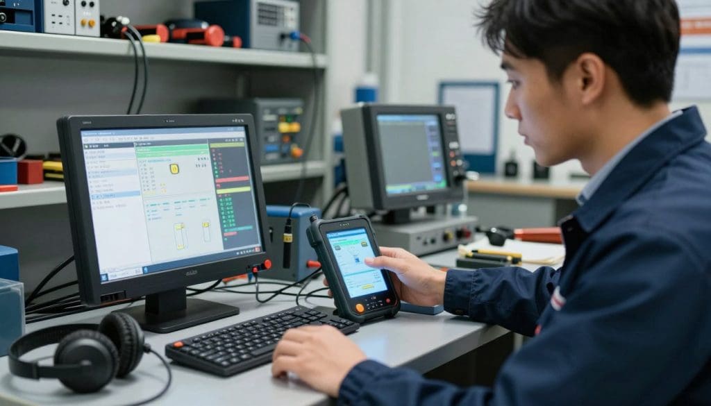 A detailed OBD diagnostic scan scene in an automotive workshop. In the foreground, a modern OBD-II scanner with a glowing screen displaying complex data. Beside it, a headset and tools scattered across a workbench. In the middle ground, a mechanic in professional business attire, focused on the screen, analyzing the information, with strong lighting illuminating the workspace. Behind them, shelves filled with automotive tools and diagnostic equipment, with a soft-focus background. The lighting is bright and industrial, creating a focused yet professional atmosphere. The angle is slightly elevated, giving a clear view of the mechanic and the scanner, emphasizing the intricate details of the diagnostic process.