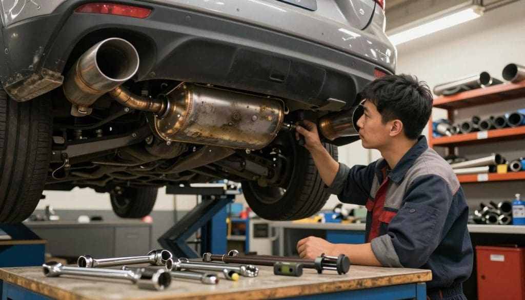 A detailed automotive mechanic's workshop scene featuring a technician in a professional work uniform, diligently inspecting a vehicle's exhaust system on a lift. In the foreground, tools such as wrenches and clamps are neatly arranged on a workbench. The middle area showcases the vehicle with its exhaust components partially disassembled, emphasizing the muffler with visible wear and tear. The background consists of shelves filled with spare parts and exhaust pipes, contributing to a busy workshop atmosphere. Soft, warm overhead lighting illuminates the scene, creating a focused yet inviting mood. The camera angle is slightly low, enhancing the details of the exhaust system while capturing the technician's concentration on the repair process.