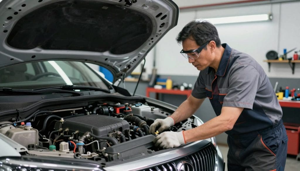 A detailed automotive repair scene focused on a mechanic working on a car's cooling system to prevent overheating. In the foreground, a middle-aged technician in professional work attire, wearing safety gloves and goggles, inspects the car's radiator and hoses, showing a look of concentration. The middle layer features the open hood of a modern vehicle, revealing the intricate components of the cooling system. In the background, a well-equipped garage is visible with tools, spare parts, and a bright overhead light illuminating the workspace, creating a practical and industrious atmosphere. The image is captured with a slightly low angle, emphasizing the mechanic's expertise and the importance of vehicle maintenance. The overall mood is proactive and focused, evoking the feeling of diligence in car care.