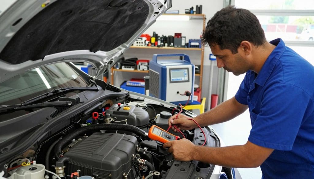 A detailed automotive workshop scene focused on diagnosing car air conditioning problems. In the foreground, a mechanic in blue coveralls is examining an open car hood, using a digital multimeter to check the AC system. Tools and equipment are neatly arranged nearby. In the middle ground, an air conditioning service machine is visible, connected to the car's AC system with hoses. The background includes shelves stocked with automotive parts and tools under bright fluorescent lighting that enhances the clinical, professional feel. The atmosphere is focused and industrious, capturing the essence of a high-temperature Texas summer with hints of heat distortion visible through the garage door. Angle the scene slightly from above to showcase the mechanic's concentration and the intricate details of the AC diagnostic equipment.