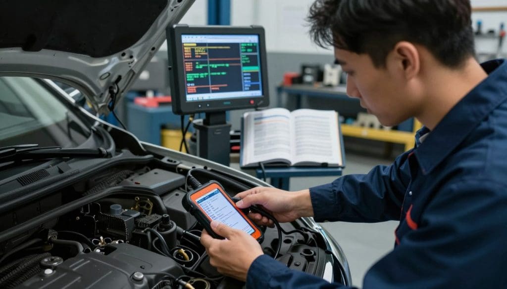 A detailed automotive workshop scene illustrating the OBD diagnostic scan process. In the foreground, a professional technician, dressed in a clean mechanic uniform, is focused on connecting an OBD-II scanner to a car's diagnostic port under the dashboard. The middle layer features a high-tech scanner displaying various data readings and fault codes, highlighted by soft ambient lighting. Behind the technician, a well-organized garage is visible with tools, parts, and an open service manual, subtly lit to convey a sense of professionalism. The atmosphere is serious yet efficient, emphasizing precision and attention to detail. Use a slightly elevated angle to capture both the technician's interaction with the vehicle and the scanner's display, ensuring clarity in the technical elements without any visual distractions.