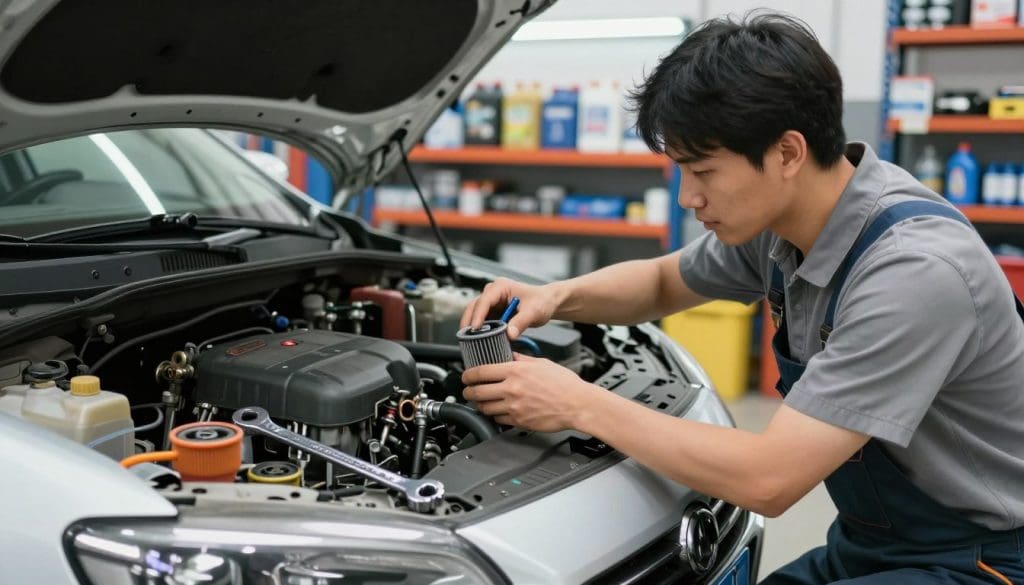 A focused scene depicting a mechanic's garage during a DIY oil change, featuring a well-lit workspace. In the foreground, showcase a mechanic wearing modest casual clothing, kneeling next to a car with the hood open, intently replacing the oil filter. Detailed tools such as a wrench, oil filter wrench, and oil containers are neatly arranged nearby. The middle ground includes the car itself, highlighting its engine bay where the oil filter is being changed. The background shows shelves stocked with automotive supplies and bright overhead lighting to create a clean, inviting atmosphere. The angle should be slightly tilted to capture both the detailed action and the organized environment, conveying a sense of hands-on learning and practicality in car maintenance.