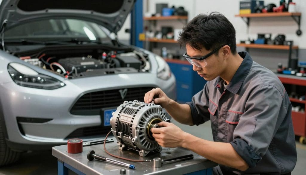 A mechanic in a well-lit automotive workshop is carefully inspecting an electric car's alternator. In the foreground, the mechanic, dressed in a professional work shirt and safety goggles, is focused on a partially disassembled alternator, with tools neatly arranged around them. The middle ground features the electric car, positioned on a hydraulic lift, revealing its intricate wiring and battery system. In the background, shelves stocked with various car parts and tools create an organized, industrial atmosphere. Soft, warm lighting highlights the metal textures and adds a sense of professionalism while casting gentle shadows. The overall mood is focused and industrious, conveying a sense of expertise in car charging system repair.