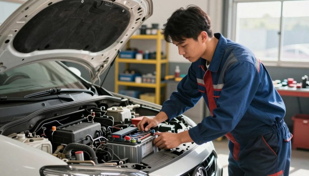 A mechanic in professional attire, diligently replacing a car battery in a well-lit garage setting. The foreground showcases the mechanic, focused and engaged, with tools neatly organized around them. In the middle, there's a car with its hood open, revealing the battery compartment, which is highlighted to emphasize the battery being replaced. The background features shelves filled with automotive supplies and tools, softly blurred to maintain focus on the mechanic's task. Natural light streams in through a nearby window, casting soft shadows and creating a productive, proactive atmosphere. The image conveys a sense of care and professionalism, underscoring the importance of regular maintenance to prevent future battery issues.