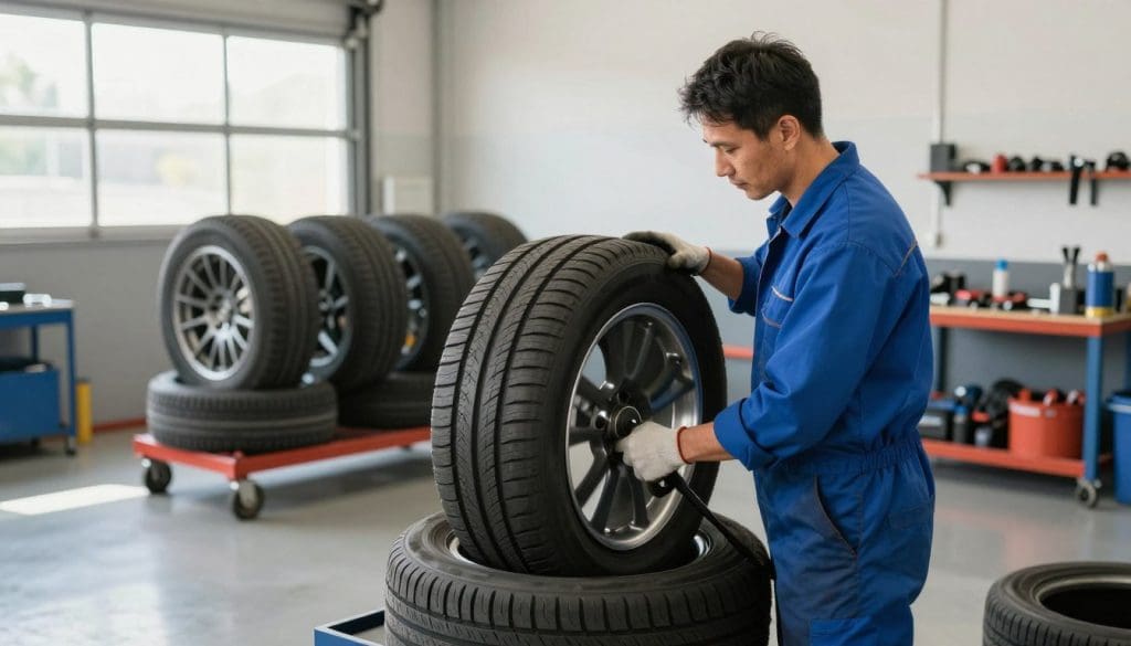 A mechanic professionally rotating tires in a spacious, well-lit garage. In the foreground, focus on the mechanic, a middle-aged person wearing a blue work uniform and gloves, carefully lifting a tire onto a rotation machine. The middle ground features a set of four tires on display, emphasizing their condition and tread depth. In the background, various automotive tools are neatly arranged on workbenches, and soft, natural light filters through large garage windows, creating a bright and inviting atmosphere. The scene conveys professionalism and the importance of proper tire maintenance, with an emphasis on the benefits of expert tire rotation for extending tire life. The composition should be shot from a slightly elevated angle to capture both the mechanic's action and the organized space around them.