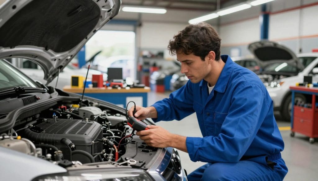 A professional mechanic wearing a blue work uniform is inspecting the air conditioning system of a car in an auto repair shop. In the foreground, the mechanic kneels beside the vehicle, focused on the exposed AC unit, using a diagnostic tool to check for issues. The middle ground features various tools and equipment neatly organized on a workbench, highlighting the technical environment. The background showcases the bustling workshop with other cars, bright overhead lights streaming down, creating a well-lit and productive atmosphere. The image is captured from a slightly elevated angle, emphasizing the depth of the workshop and the importance of professional repair. The mood is serious yet hopeful, reflecting the urgency of AC repair during a hot Texas summer.