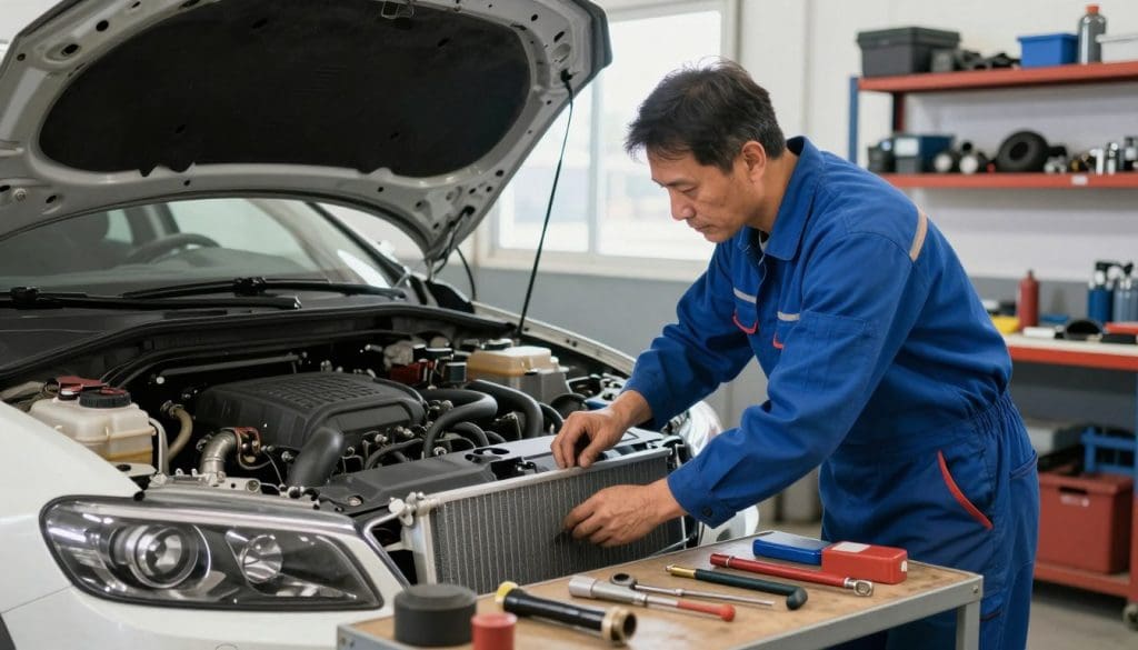 A skilled mechanic working on a car's cooling system under a bright, well-lit garage. The foreground features the mechanic, a middle-aged individual in a blue jumpsuit, focused on inspecting a radiator with tools laid out on a nearby workbench. In the middle ground, an open hood reveals the car’s engine, with hoses and coolant parts distinctly visible. The background shows shelves stocked with car parts and tools, creating an organized repair environment. Soft natural light filters in through a window, enhancing the scene's realism and urgency. The atmosphere conveys professionalism and diligence, emphasizing the critical nature of promptly addressing vehicle overheating issues. No text, captions, or branding included.