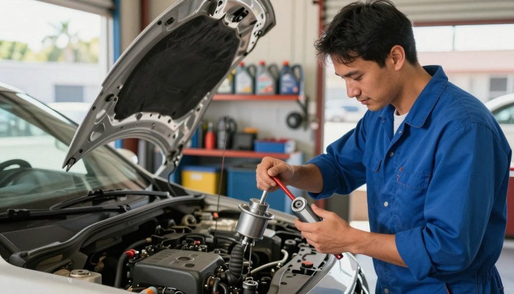 A visually engaging concept highlighting the benefits of regular oil changes in a San Antonio setting. In the foreground, a professional mechanic in a clean, blue uniform is demonstrating an oil change, showing tools like an oil filter and wrench. The middle ground features a well-maintained car with a shiny exterior, reflecting the sunlight, symbolizing longevity and performance. The background consists of a bright, inviting auto shop with shelves stocked with oil products and maintenance equipment, emphasizing professionalism. Soft, natural lighting filters through the shop windows, creating a warm and positive atmosphere. The scene captures a sense of trust and expertise, illustrating the importance of routine vehicle care in a vibrant city context.