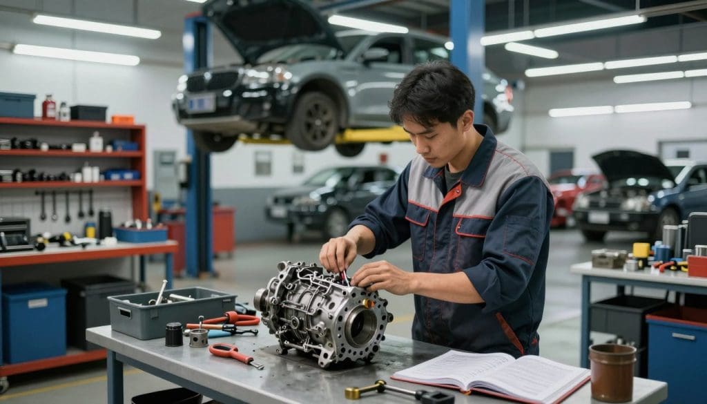 A well-lit auto repair shop interior showing a mechanic preparing for transmission repair. In the foreground, a focused mechanic in a clean, professional uniform inspects a disassembled transmission on a workbench, surrounded by tools and parts. The middle ground features various automotive tools neatly organized on shelves and a repair manual open, hinting at the preparation process. The background shows a transmission lift and an illuminated service bay with vehicles in various states of repair, all under bright overhead lights. The atmosphere is industrious and organized, emphasizing professionalism and attention to detail, capturing the essence of preparing for a complex automotive task.