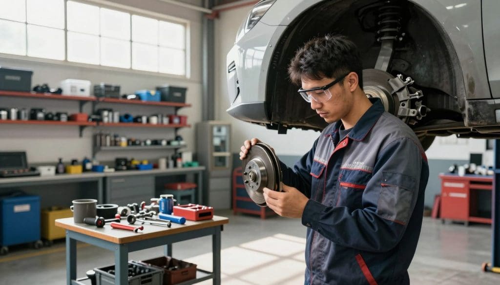 A well-lit auto repair shop with a mechanic in the foreground, dressed in a professional uniform and safety glasses, focused on inspecting a car’s braking system. The mechanic holds a brake rotor, examining it closely with a professional demeanor. In the middle ground, tools are neatly arranged on a workbench, while a partially disassembled vehicle is showcased, revealing its brake components, highlighting wear and tear. The background features organized shelves filled with automotive parts and a large window letting in natural light, casting gentle shadows. The atmosphere should convey a sense of expertise and attention to safety, with a clean, organized environment, using a wide-angle lens to capture depth and details.
