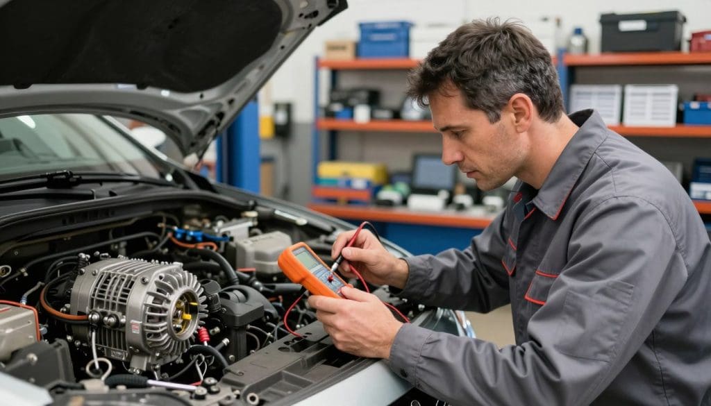 A well-lit automotive repair shop featuring a technician in professional business attire, focused on repairing a car charging system. In the foreground, the technician, a middle-aged Caucasian man with short dark hair, is using a multimeter to test the alternator, showing a concentration on his face. In the middle, the car is on a hydraulic lift, revealing the alternator and wiring, with tools and diagnostic equipment scattered around. The background has shelves filled with car parts and manuals, giving a realistic garage ambience. The lighting is bright, emphasizing the work area, while the camera angle captures the technician's actions from a slight low perspective, enhancing the atmosphere of professionalism and diligence in automotive repair.