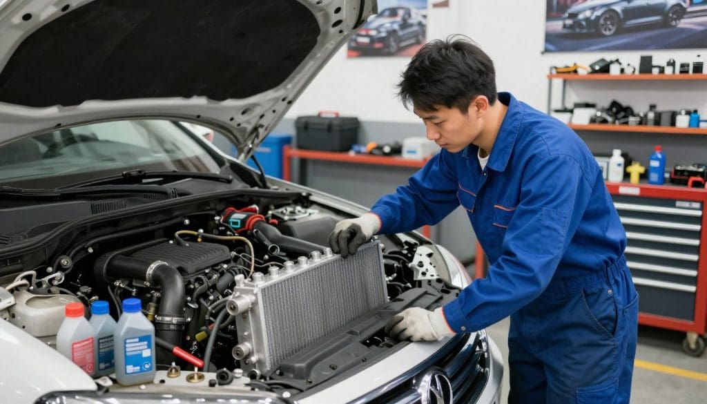 A bright, well-lit automotive workshop showcasing a professional mechanic performing maintenance on a car's cooling system. In the foreground, the mechanic, wearing a blue jumpsuit and gloves, is focused on inspecting a shiny metal radiator, with tools and coolant bottles neatly organized nearby. The middle ground features a partially disassembled engine bay, highlighting various components like hoses and clamps. The background is filled with toolboxes, automotive posters, and shelves stocked with parts, creating a dynamic and busy environment. Soft, diffused lighting enhances the clarity of the scene, emphasizing the mechanic's concentration and the importance of cooling system maintenance. The overall mood is professional and industrious, conveying a sense of expertise and care in automotive service.