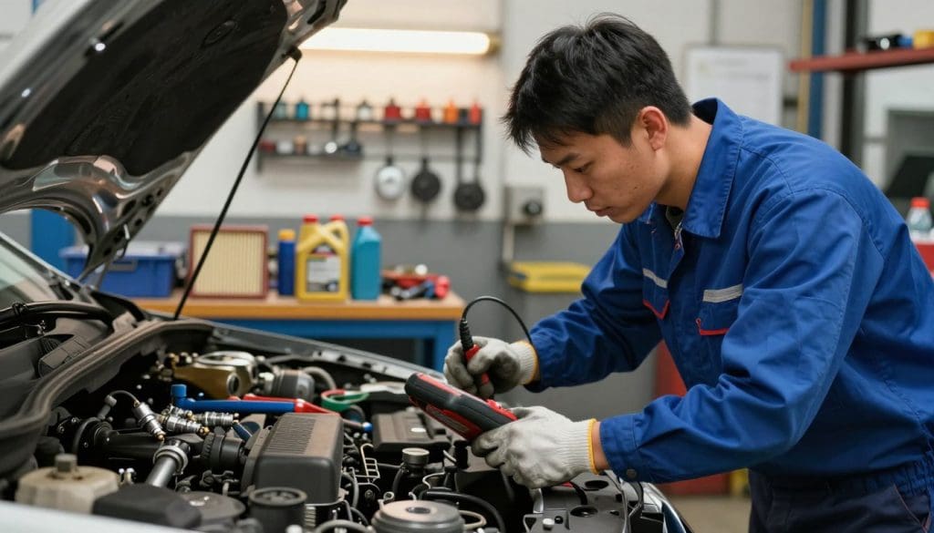 A busy auto shop scene focusing on the car tune-up process. In the foreground, a mechanic in a blue work shirt and gloves is inspecting the engine of a car, using a diagnostic tool with a focused expression. In the middle ground, various tools and parts are laid out neatly on a workbench, including spark plugs, an air filter, and oil bottles, signifying the components of a tune-up. In the background, a wall is lined with tool racks, and soft overhead lighting highlights the mechanic's work area, creating a warm, industrious atmosphere. The image captures a sense of professionalism and expertise, showcasing all aspects of what to expect during a tune-up.