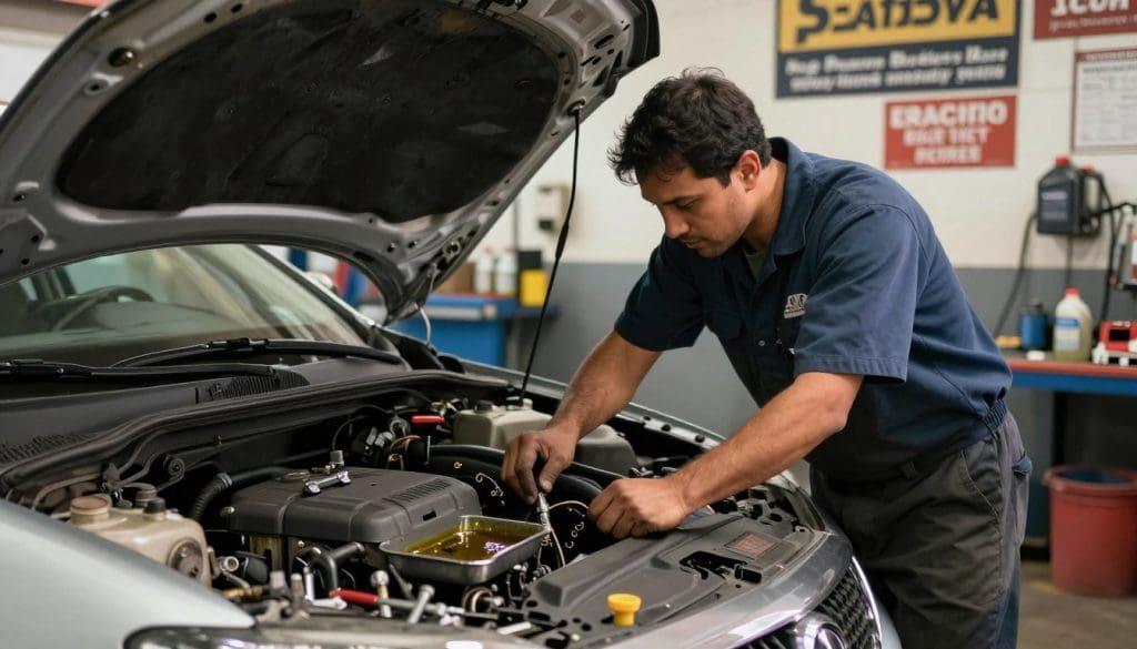 A busy automotive repair shop in San Antonio, focusing on a skilled mechanic in professional attire, carefully inspecting and repairing a car’s engine to fix an oil leak. In the foreground, tools, a drip pan filled with oil, and various car parts create a detailed, realistic scene. The middle ground features the mechanic working diligently, while a clear view of the car’s open hood reveals the source of the leak. The background shows the interior of the repair shop, with oil-related signage and a clean, organized environment, emphasizing the importance of responsible repairs. Soft, warm lighting illuminates the scene, casting gentle shadows, evoking a sense of urgency and professionalism. The mood conveys a commitment to environmental care by addressing oil leaks effectively. A busy automotive repair shop in San Antonio, focusing on a skilled mechanic in professional attire, carefully inspecting and repairing a car’s engine to fix an oil leak. In the foreground, tools, a drip pan filled with oil, and various car parts create a detailed, realistic scene. The middle ground features the mechanic working diligently, while a clear view of the car’s open hood reveals the source of the leak. The background shows the interior of the repair shop, with oil-related signage and a clean, organized environment, emphasizing the importance of responsible repairs. Soft, warm lighting illuminates the scene, casting gentle shadows, evoking a sense of urgency and professionalism. The mood conveys a commitment to environmental care by addressing oil leaks effectively.