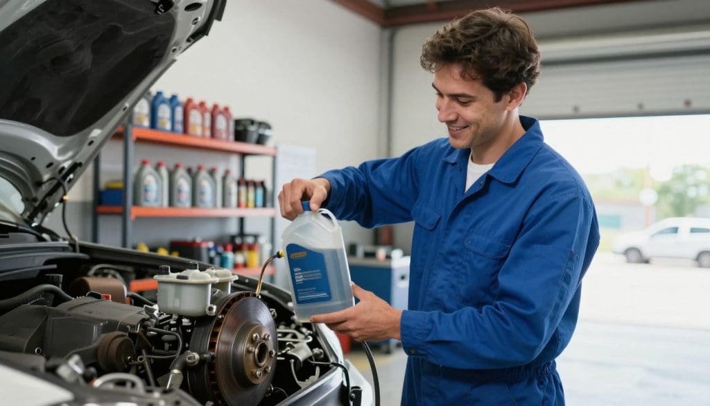 A clean and organized automotive service workshop in San Antonio, Texas, specializing in brake fluid service. In the foreground, a friendly, professional mechanic in a blue uniform is pouring fresh brake fluid into a modern vehicle's brake reservoir, showcasing the importance of the service. The middle ground features shelves stocked with various automotive fluids and tools, evoking a sense of professionalism and readiness. The background includes a spacious garage with bright, natural lighting coming through large windows, emphasizing cleanliness and safety. The atmosphere is focused and reassuring, highlighting the critical nature of regular brake fluid replacement for vehicle safety. The image should have a slightly elevated angle to capture the entire scene, creating an inviting and informative visual experience.
