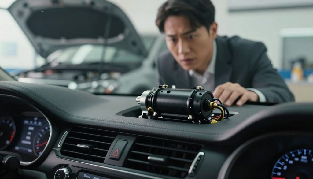 A close-up image depicting a car dashboard with the climate control system illuminated, showcasing the blend door actuator mechanism. In the foreground, focus on detailed components like the actuator, wires, and associated parts, highlighting their importance in regulating air temperature. The middle ground features a slight view of the car's interior with a professional-looking person, dressed in business attire, inspecting the system, exhibiting a concerned expression. In the background, a blurred out view of the engine compartment can be seen, slightly illuminated by natural lighting from a nearby window, reflecting a mechanic’s workspace. The overall mood conveys a sense of urgency and technical detail, emphasizing the connection between blend door actuator problems and warm air issues from the AC system.