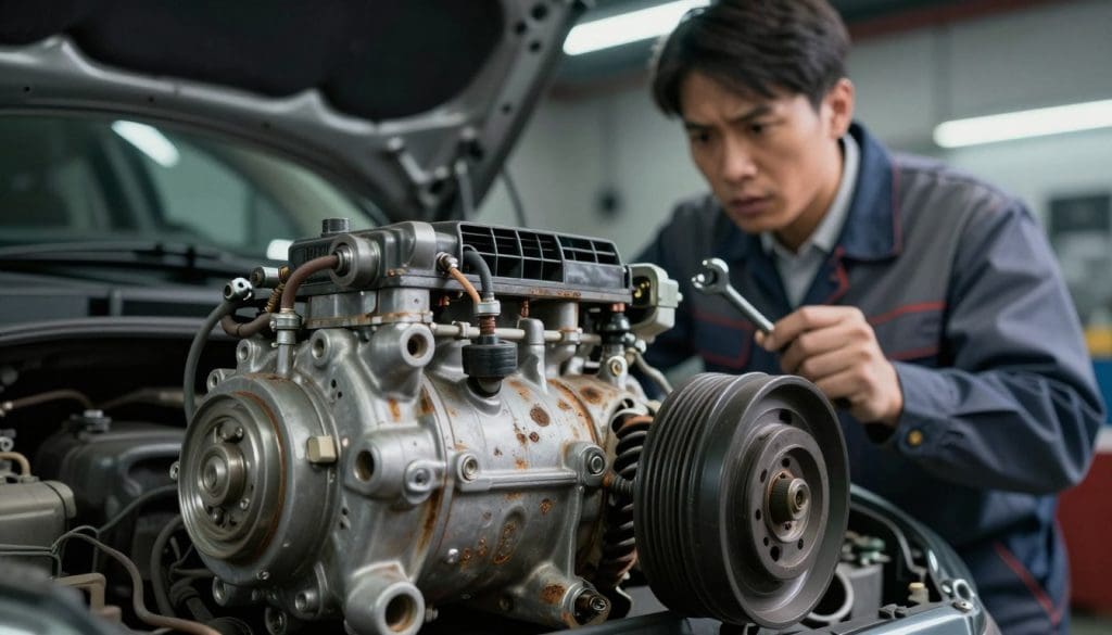 A close-up of a car air conditioning compressor displayed prominently in the foreground, showcasing visible signs of wear and damage, such as rust, leaking refrigerant, and broken connections. The compressor is partially disassembled, with components like the clutch and pulley clearly visible, illustrating its internal mechanics. In the middle ground, a mechanic in professional business attire inspects the compressor with a look of concern and focus, using a tool like a wrench. The background features a dimly lit garage with soft overhead lighting highlighting the car's metallic surfaces, creating a somber and serious atmosphere. The angle should provide a clear view of the compressor while capturing the mechanic’s actions, emphasizing the urgency of addressing AC compressor failure.
