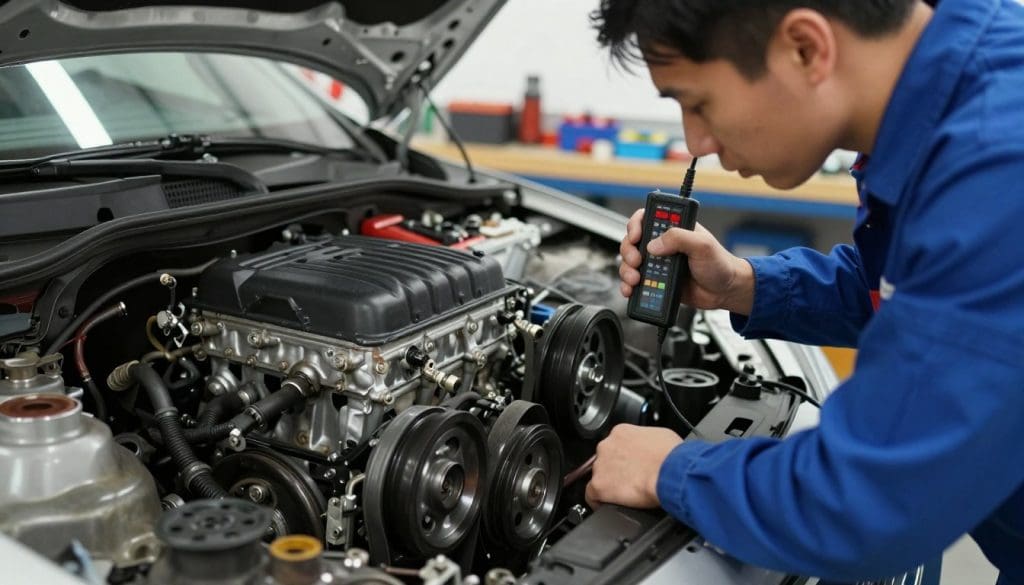 A close-up scene depicting a professional automotive technician examining a vehicle's engine, with a focus on the engine components. The foreground features the technician, dressed in a neat blue coverall, intently listening with a diagnostic tool in hand, surrounded by mechanical parts. In the middle, the engine is partially exposed, showcasing intricate details such as pulleys, belts, and wires, with visible wear signs. The background features a well-lit workshop, with tools and equipment neatly arranged on shelves. Soft, natural lighting from overhead lamps casts gentle shadows, creating a focused, industrious atmosphere. The mood conveys urgency and professionalism, highlighting the importance of accurate diagnostics for addressing engine knocking noises. A close-up scene depicting a professional automotive technician examining a vehicle's engine, with a focus on the engine components. The foreground features the technician, dressed in a neat blue coverall, intently listening with a diagnostic tool in hand, surrounded by mechanical parts. In the middle, the engine is partially exposed, showcasing intricate details such as pulleys, belts, and wires, with visible wear signs. The background features a well-lit workshop, with tools and equipment neatly arranged on shelves. Soft, natural lighting from overhead lamps casts gentle shadows, creating a focused, industrious atmosphere. The mood conveys urgency and professionalism, highlighting the importance of accurate diagnostics for addressing engine knocking noises.