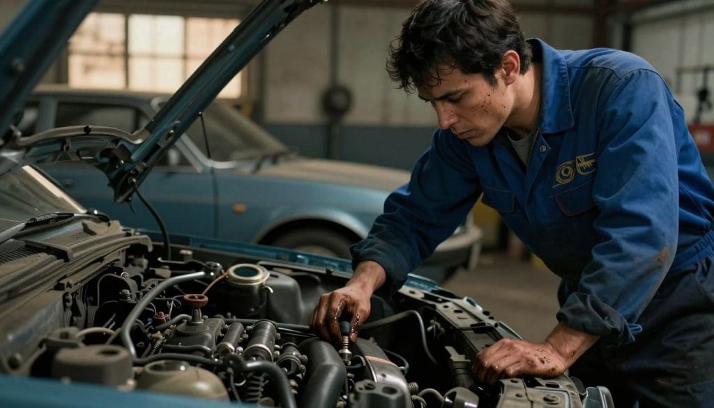 A close-up scene of a frustrated mechanic inspecting the engine of an old car that is hard to start, surrounded by tools and maintenance equipment. The mechanic, dressed in a blue jumpsuit with a logo, is focused on the engine bay, with oil stains on their hands, highlighting the theme of neglect. In the background, another car stands under a dimly lit garage, creating a moody atmosphere. Soft, warm lighting filters through grimy windows, casting shadows that emphasize the neglect and wear of the vehicle. The angle is slightly tilted, giving a dynamic feel, while the depth of field blurs the background slightly to keep attention on the mechanic’s serious expression and the open engine. A close-up scene of a frustrated mechanic inspecting the engine of an old car that is hard to start, surrounded by tools and maintenance equipment. The mechanic, dressed in a blue jumpsuit with a logo, is focused on the engine bay, with oil stains on their hands, highlighting the theme of neglect. In the background, another car stands under a dimly lit garage, creating a moody atmosphere. Soft, warm lighting filters through grimy windows, casting shadows that emphasize the neglect and wear of the vehicle. The angle is slightly tilted, giving a dynamic feel, while the depth of field blurs the background slightly to keep attention on the mechanic’s serious expression and the open engine.
