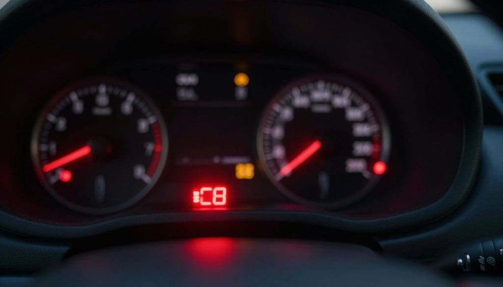 A close-up view of a car dashboard featuring a prominently illuminated check engine light flashing, creating a sense of urgency. The foreground showcases the glow of the warning light, detailed with a shining red hue contrasted against a glossy black dashboard. In the middle, various dashboard indicators and dials are slightly blurred to emphasize the check engine light, while in the background, the blurred outline of a steering wheel and car interior enhances the context of being in a vehicle. Soft ambient lighting simulates a late-night driving environment, invoking a mood of concern and awareness about engine performance. The angle captures the dashboard from the driver's perspective, conveying an important message about vehicle health and safety. A close-up view of a car dashboard featuring a prominently illuminated check engine light flashing, creating a sense of urgency. The foreground showcases the glow of the warning light, detailed with a shining red hue contrasted against a glossy black dashboard. In the middle, various dashboard indicators and dials are slightly blurred to emphasize the check engine light, while in the background, the blurred outline of a steering wheel and car interior enhances the context of being in a vehicle. Soft ambient lighting simulates a late-night driving environment, invoking a mood of concern and awareness about engine performance. The angle captures the dashboard from the driver's perspective, conveying an important message about vehicle health and safety.