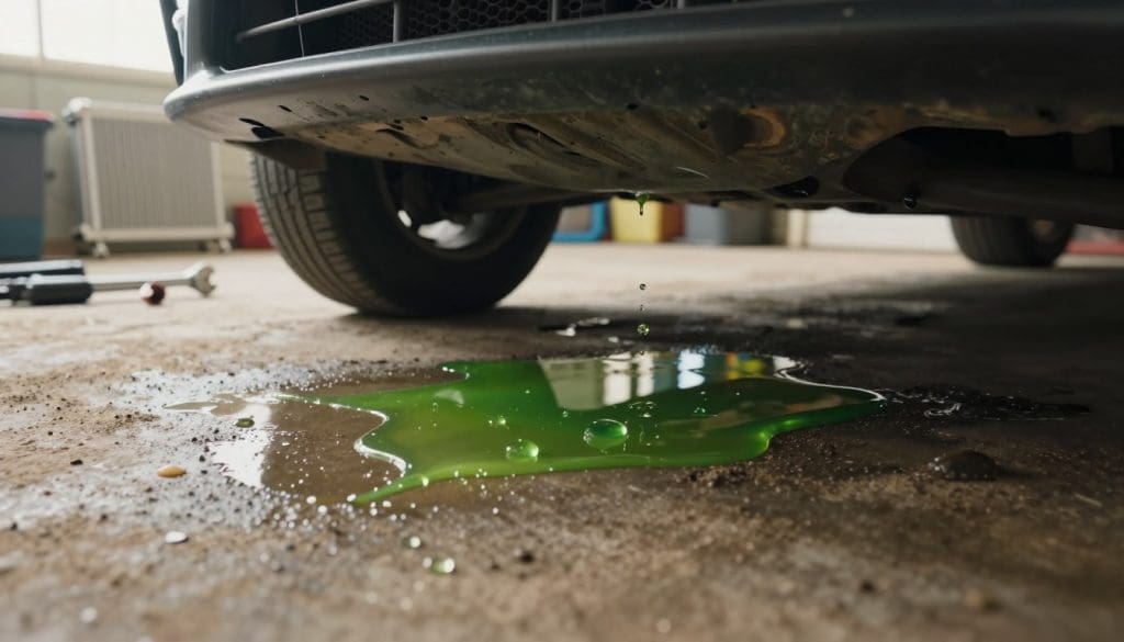A close-up view of a car parked on a dusty garage floor with a visible puddle of coolant beneath it, showcasing bright green liquid pooling under the engine area. The foreground features glistening droplets reflecting sunlight, while the middle ground includes the vehicle's undercarriage, emphasizing signs of wear and potential leakage. In the background, tools like a wrench and a radiator cap lie scattered, hinting at a repair in progress. The scene is illuminated by soft, natural lighting filtering through an overhead window, creating a warm, focused atmosphere. The angle is slightly tilted, drawing attention to the puddle and its significance, inviting viewers to interpret signs of a radiator leak. A close-up view of a car parked on a dusty garage floor with a visible puddle of coolant beneath it, showcasing bright green liquid pooling under the engine area. The foreground features glistening droplets reflecting sunlight, while the middle ground includes the vehicle's undercarriage, emphasizing signs of wear and potential leakage. In the background, tools like a wrench and a radiator cap lie scattered, hinting at a repair in progress. The scene is illuminated by soft, natural lighting filtering through an overhead window, creating a warm, focused atmosphere. The angle is slightly tilted, drawing attention to the puddle and its significance, inviting viewers to interpret signs of a radiator leak.