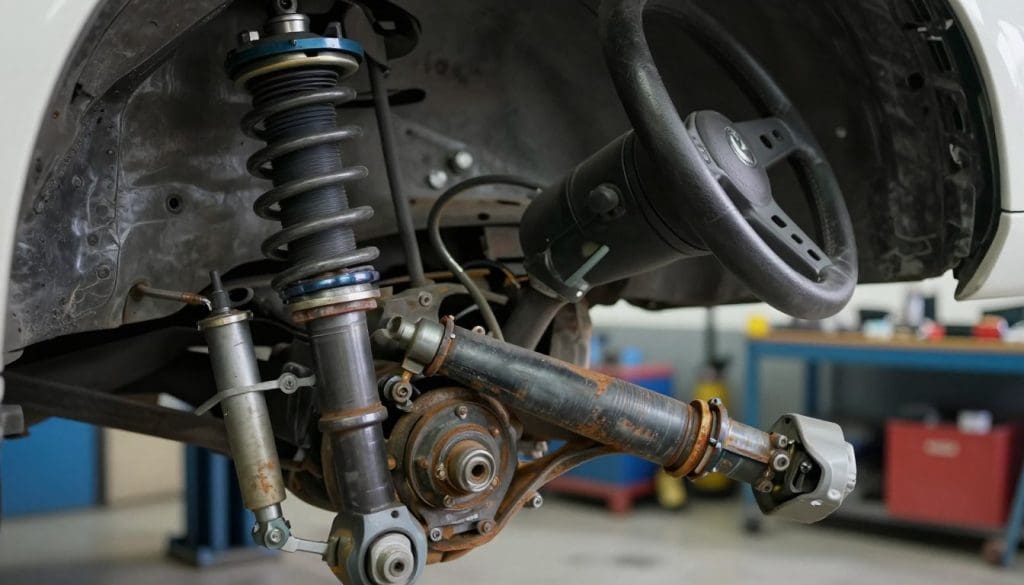 A close-up view of a car's suspension system displaying visible wear and tear, focusing on the struts, shock absorbers, and control arms. The foreground features detailed components of the suspension, highlighting rust and damaged parts, emphasizing the mechanical issues. In the middle ground, a steering wheel can be seen, slightly shaking to illustrate instability, conveying a sense of urgency. The background shows a blurred workshop environment with tools and car parts, enhancing the mechanical theme. Soft, natural lighting illuminates the scene, casting gentle shadows and highlighting textures. The mood is serious and cautionary, underscoring the importance of addressing suspension problems to ensure safe driving.
