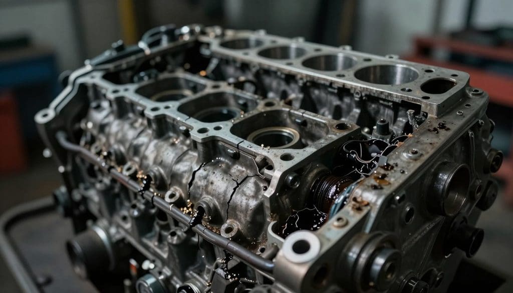 A close-up view of a damaged engine component, showcasing severe wear and tear. The foreground should feature cracked engine parts with visible metal shavings and oil leaks, emphasizing the mechanical failure. In the middle ground, incorporate a partially disassembled engine block with tools scattered around, suggesting an ongoing repair attempt. In the background, dim lighting creates an industrial atmosphere, with shadows casting across the scene, enhancing the sense of neglect and urgency. The image should be shot from a low angle to emphasize the scale of the damage and create a dramatic effect. The mood is tense and serious, highlighting the consequences of ignoring engine issues. A close-up view of a damaged engine component, showcasing severe wear and tear. The foreground should feature cracked engine parts with visible metal shavings and oil leaks, emphasizing the mechanical failure. In the middle ground, incorporate a partially disassembled engine block with tools scattered around, suggesting an ongoing repair attempt. In the background, dim lighting creates an industrial atmosphere, with shadows casting across the scene, enhancing the sense of neglect and urgency. The image should be shot from a low angle to emphasize the scale of the damage and create a dramatic effect. The mood is tense and serious, highlighting the consequences of ignoring engine issues.