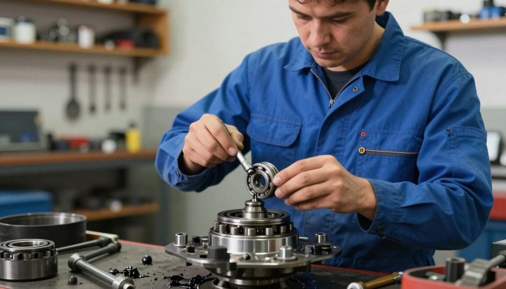 A close-up view of a mechanic in a workshop replacing a wheel bearing on a vehicle. The mechanic, dressed in a professional blue jumpsuit, focuses intently on the task at hand, using precise tools like a bearing puller and a torque wrench. In the foreground, the wheel hub is exposed, revealing the detailed components of the wheel assembly, surrounded by scattered tools and grease. The middle ground highlights the mechanic’s hands skillfully maneuvering the bearing into place, showcasing the intricate process of maintenance. The background features a well-lit workshop environment with wooden shelves lined with tools and spare parts. Soft lighting illuminates the scene, creating a focused yet inviting atmosphere that emphasizes the importance of proper wheel bearing maintenance.