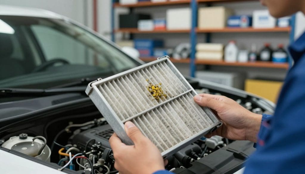 A close-up view of a mechanic inspecting a cabin air filter in a well-lit automotive workshop. In the foreground, focus on the mechanic's hands holding the dirty filter, revealing trapped dust and pollen particles indicative of seasonal allergens. In the middle ground, showcase a sleek, modern car with its dashboard visible, emphasizing the importance of clean air. The background features shelves stocked with automotive supplies and filters, creating an organized yet busy atmosphere. Utilize soft, diffused lighting to highlight the details of the filter while casting gentle shadows that add depth. The mood should be professional and informative, reflecting the importance of air quality in vehicles.