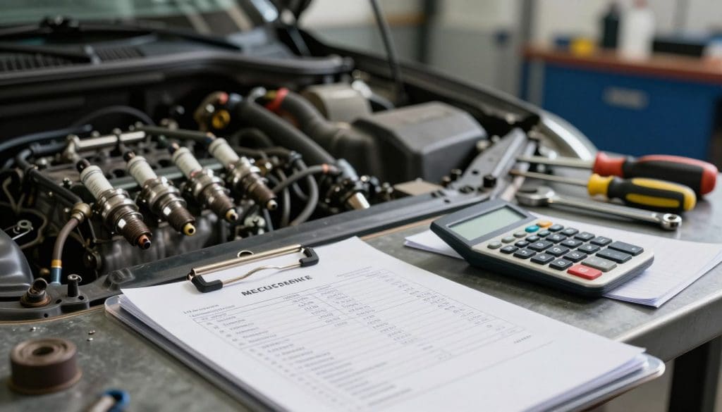 A close-up view of a mechanic's workspace focused on engine misfire repair costs. In the foreground, a detailed, open car engine reveals worn-out spark plugs and ignition coils, suggesting recent troubleshooting. On the workbench, a transparent clipboard holds a detailed invoice showing various repair costs and parts needed, with a calculator and notes nearby. The middle ground includes various tools, like wrenches and screwdrivers, emphasizing hands-on repair efforts. The background shows a well-lit garage environment with workshop lighting illuminating the scene, creating a practical and professional atmosphere. Soft shadows evoke a sense of realism, while a slight depth of field emphasizes the invoice and engine components, inviting viewers to ponder the costs associated with engine repairs.