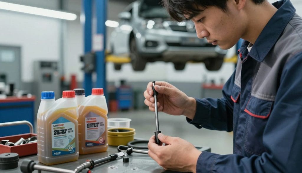 A close-up view of a skilled mechanic performing a transmission fluid service in a well-lit automotive workshop. In the foreground, the mechanic, dressed in professional business attire with a clean uniform, is focused on checking transmission fluid levels with a dipstick. The middle ground showcases various tools and containers filled with fresh transmission fluid, highlighting the service aspect. The background features a well-organized garage with mechanic tools, bright overhead lighting, and a car elevated on a lift, emphasizing an atmosphere of professionalism and precision. The scene conveys a sense of care and technical expertise, ideal for demonstrating how a transmission fluid service protects vehicle longevity. The image should have clear, sharp details and a balanced composition.
