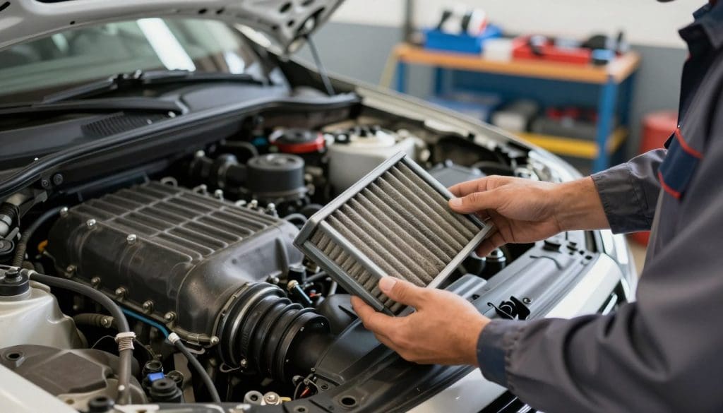 A close-up view of a vehicle's engine bay during an air filter replacement. In the foreground, a mechanic in professional attire is carefully holding a dirty engine air filter in one hand, while the other hand is reaching towards the engine compartment. In the middle ground, the engine components are visible, with an emphasis on the air intake system, showcasing the contrast between the dirty filter and the clean environment. The background features a well-lit garage with tools and parts neatly organized, creating a sense of professionalism and order. The lighting is bright and natural, emphasizing cleanliness, while a slight depth of field focuses on the mechanic and the air filter, conveying a sense of importance in maintenance tasks. The overall atmosphere is informative and technical.