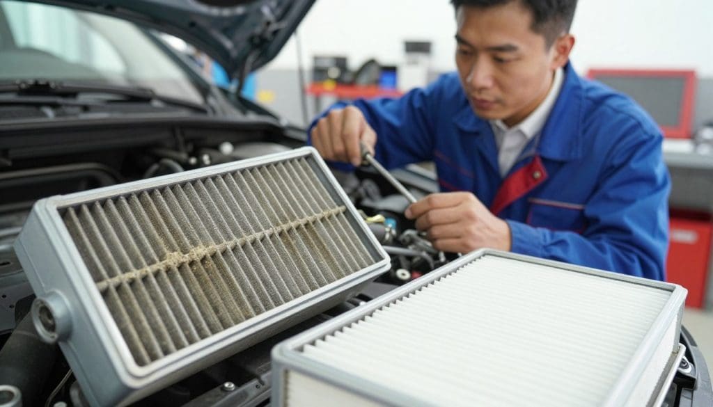 A close-up view of an engine air filter being serviced, highlighting the contrast between a dirty filter and a new, clean one. In the foreground, the dirty filter shows signs of dust and debris, while the clean filter is pristine, emphasizing the importance of maintenance. In the middle ground, a mechanic in professional business attire examines the filters with a focused expression, using tools to carry out the service. The background features a well-organized garage environment, with tools and equipment neatly arranged. The lighting is bright and natural, illuminating the filters and creating a clear, informative atmosphere that emphasizes professionalism and attention to detail in automotive care.