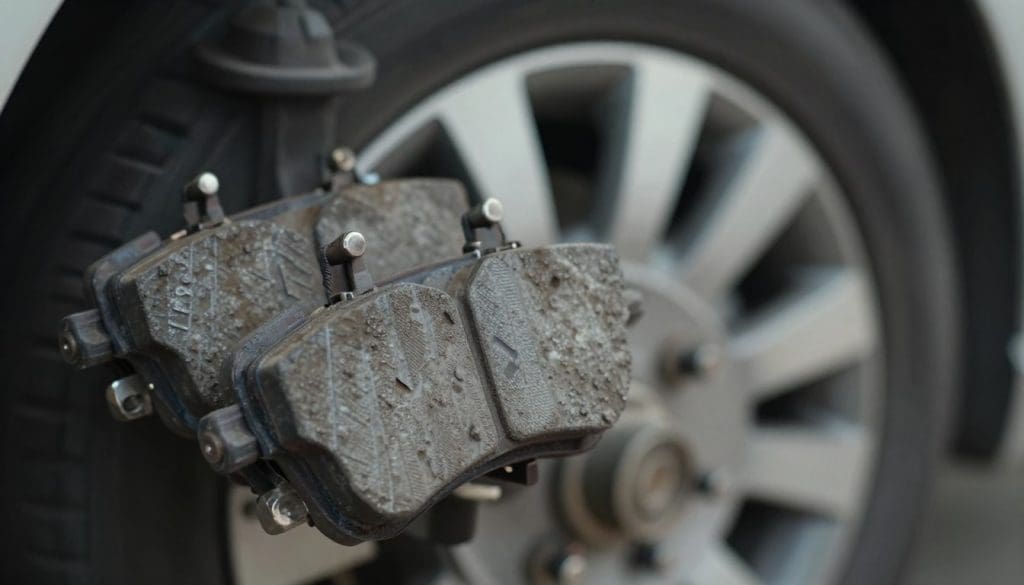 A close-up view of worn brake pads, showcasing visible grooves and uneven wear, with a focus on the metallic backing and dust accumulation. The foreground highlights the brake pads, emphasizing their deteriorated condition, while the background features a blurred car wheel to provide context. Soft, ambient lighting creates a somber atmosphere, reflecting the seriousness of brake maintenance. The angle is slightly tilted, giving depth to the image and drawing attention to the intricate details of the brake pads. The overall mood conveys a cautionary reminder of the effects of driving habits on brake longevity, urging viewers to consider vehicle upkeep.