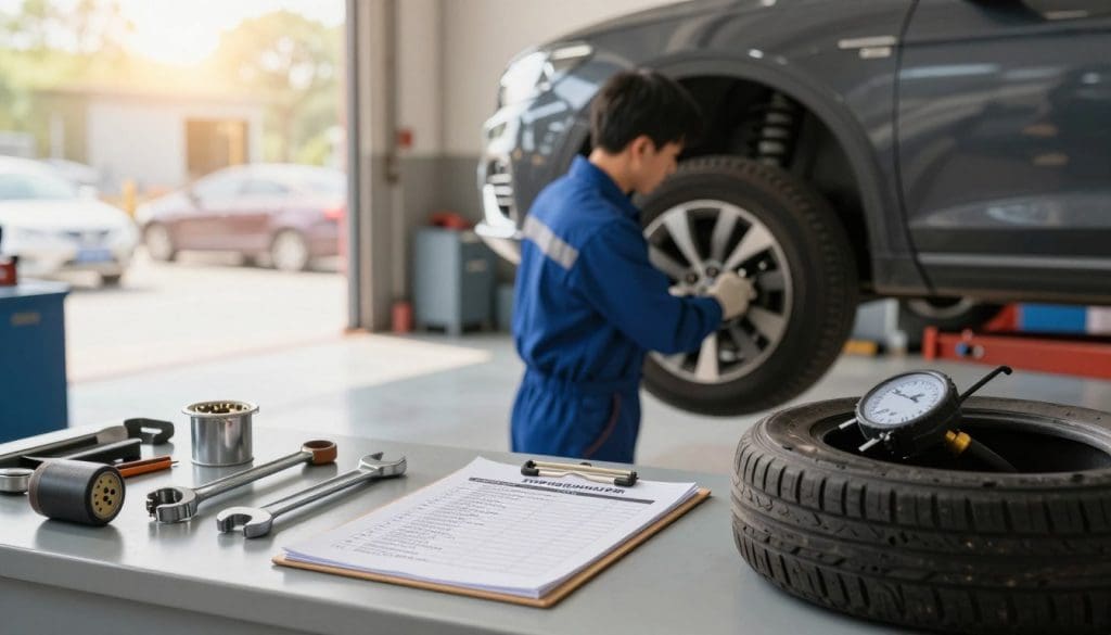 A detailed and informative composition illustrating vehicle maintenance tips. In the foreground, a clean, well-organized garage workbench holds essential tools such as a wrench, oil filter, and tire pressure gauge, alongside a neatly arranged checklist showing preventative maintenance tasks. In the middle, a mechanic in professional attire is inspecting a car’s suspension system, focusing on wheel alignment for safety and performance. The background features a slightly blurred car on a lift, with parts and manuals visible, all bathed in natural afternoon light filtering through a window, creating a warm, inviting atmosphere. The overall mood conveys a sense of diligence and care for vehicle safety and longevity. A detailed and informative composition illustrating vehicle maintenance tips. In the foreground, a clean, well-organized garage workbench holds essential tools such as a wrench, oil filter, and tire pressure gauge, alongside a neatly arranged checklist showing preventative maintenance tasks. In the middle, a mechanic in professional attire is inspecting a car’s suspension system, focusing on wheel alignment for safety and performance. The background features a slightly blurred car on a lift, with parts and manuals visible, all bathed in natural afternoon light filtering through a window, creating a warm, inviting atmosphere. The overall mood conveys a sense of diligence and care for vehicle safety and longevity.