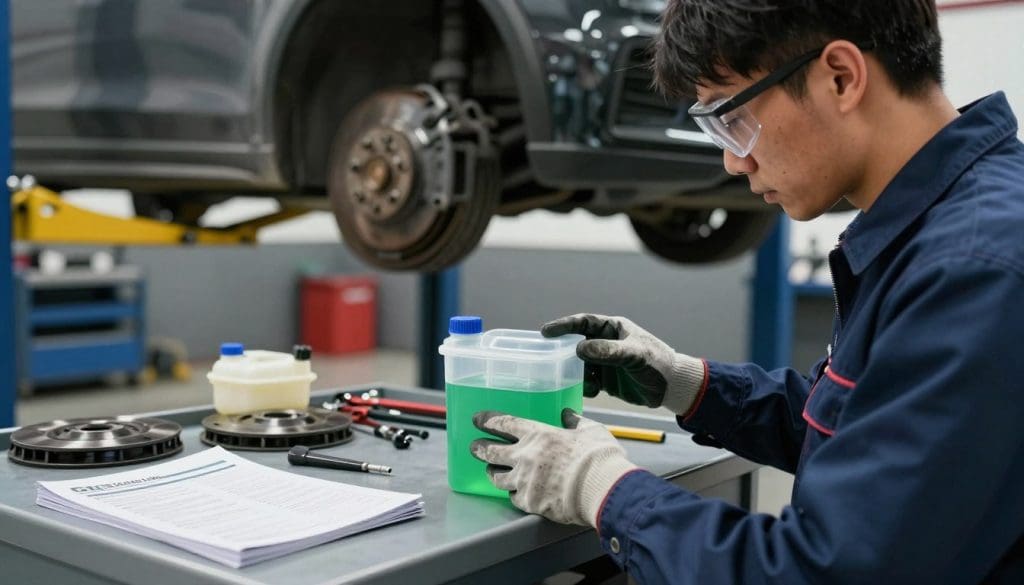 A detailed automotive workshop scene focused on a brake fluid service. In the foreground, a mechanic in professional attire, wearing gloves and safety goggles, inspects a transparent container filled with bright green brake fluid, capturing the attention. The middle section showcases a neatly organized workbench equipped with various tools, a brake fluid reservoir, and a user manual. In the background, a well-lit garage environment displays a lifted car, highlighting its undercarriage and brake system components. Soft, diffused lighting creates a clean and professional atmosphere, emphasizing the importance of maintenance. The angle is slightly low to give a dynamic perspective of the mechanic engaged in the service, while the overall mood conveys diligence and safety in automotive care.