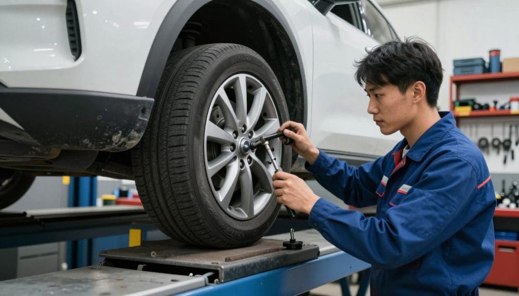 A detailed automotive workshop scene focused on a car with noticeable steering alignment issues. In the foreground, a mechanic in a professional uniform examines the front wheels, adjusting an alignment tool, showcasing the tension of loose components. The middle ground features a car lift with a slightly raised vehicle, revealing misaligned wheels and wear on tires. In the background, shelves stocked with automotive tools and parts create a well-organized, professional environment. Soft, diffused lighting highlights the mechanic's concentrated expression, while natural light filters in through a window, giving a sense of clarity. The atmosphere is one of diligence and expertise, emphasizing the importance of choosing the right automotive repair partner when confronting steering problems.